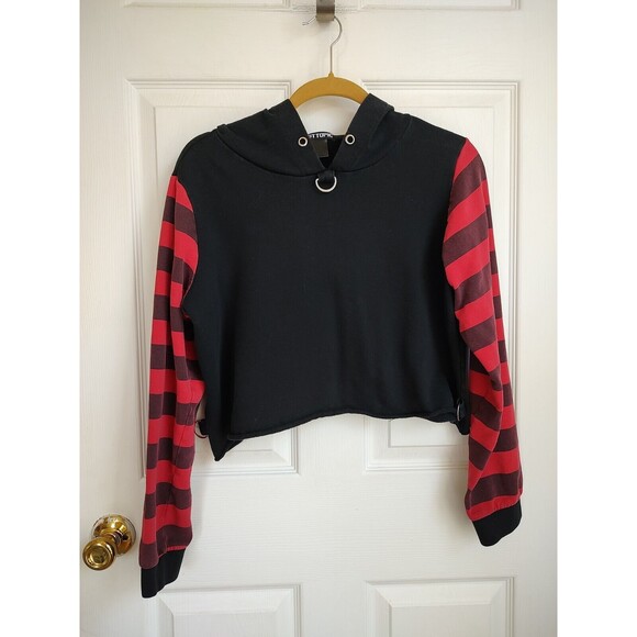 Hot Topic Women's Small Cropped Hoodie Sweatshirt Black Red Stripe - Picture 1 of 5